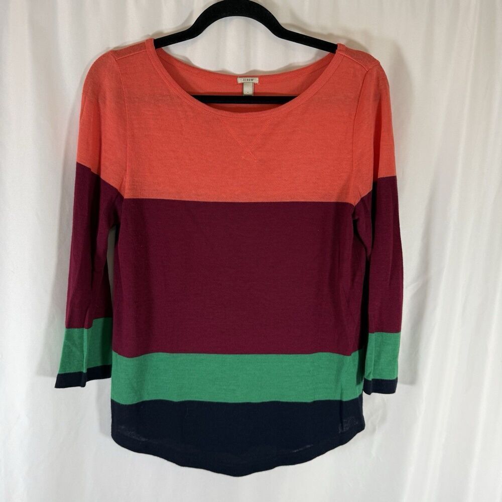 J Crew Blouse Women's Small Color Block Round Neck 3/4 Sleeve Linen Blend